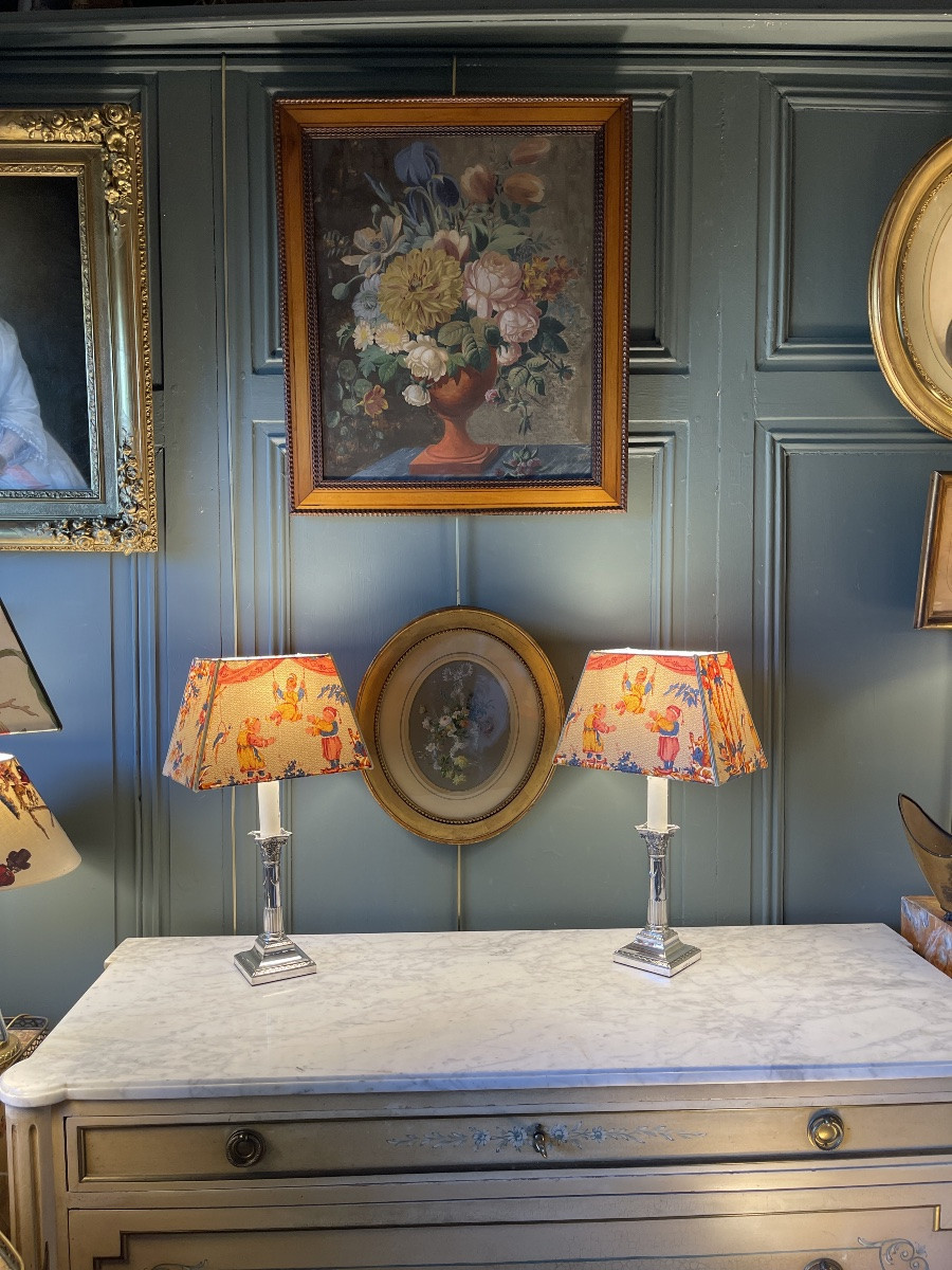 Paire de lampes en métal argenté style Louis XVI, Hauteur 44 cm-photo-8