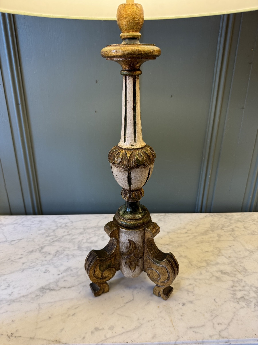 Grande lampe en bois peint tripode, Hauteur 86 cm-photo-4