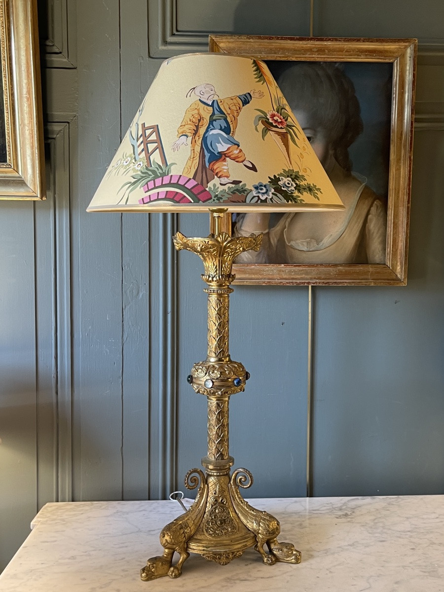 Large Bronze Tripod Lamp With Dragon Decoration, 19th Century-photo-2