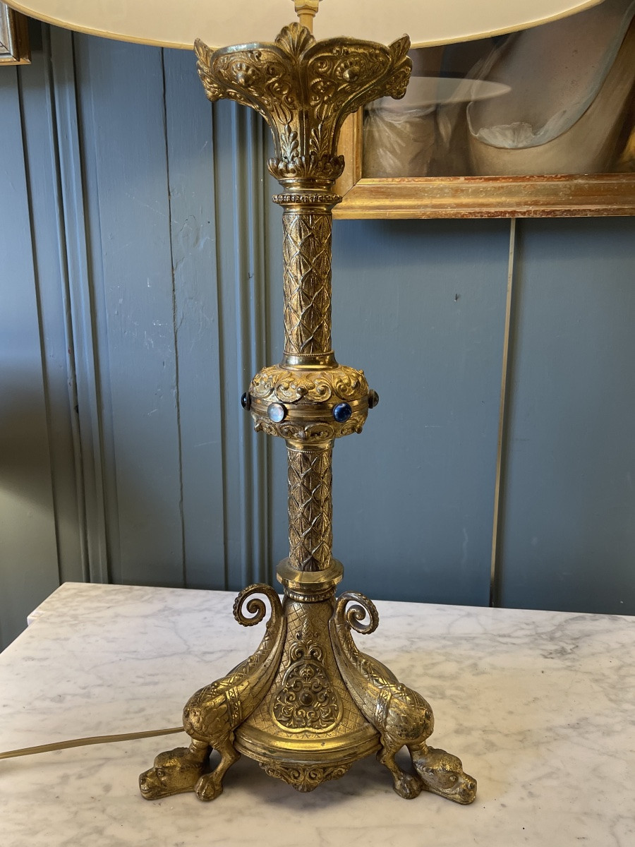 Large Bronze Tripod Lamp With Dragon Decoration, 19th Century-photo-3