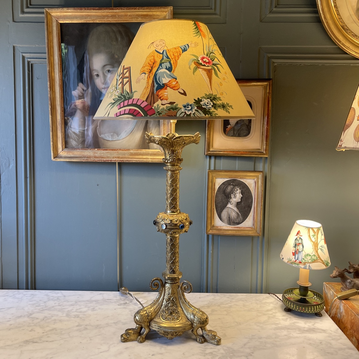 Large Bronze Tripod Lamp With Dragon Decoration, 19th Century