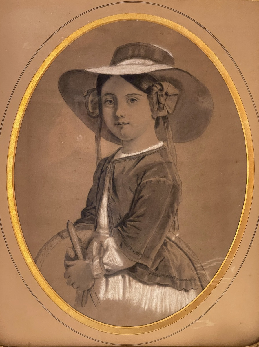 Portrait d'une petite fille au cerceau, dessin XIXème-photo-3