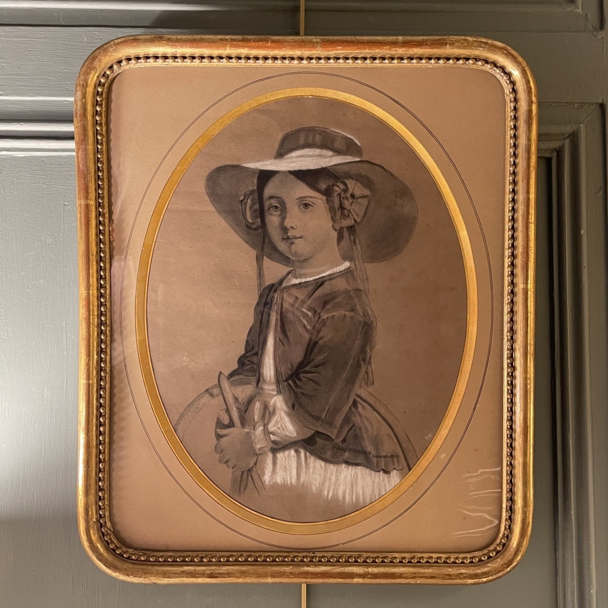 Portrait d'une petite fille au cerceau, dessin XIXème