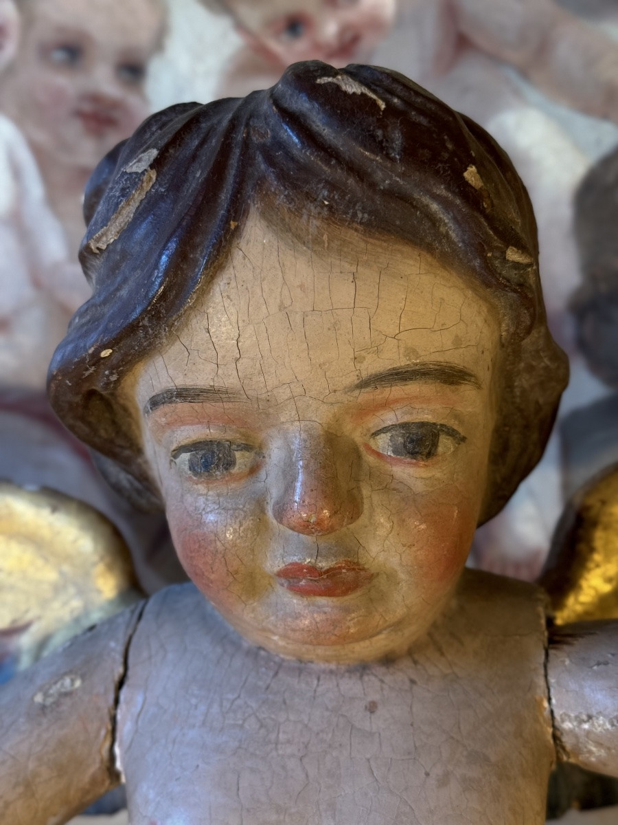Grand Ange, Putto en bois sculpté polychrome XVIIIème-photo-3