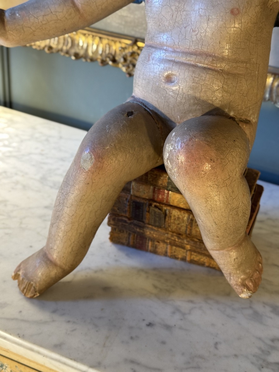 Grand Ange, Putto en bois sculpté polychrome XVIIIème-photo-4