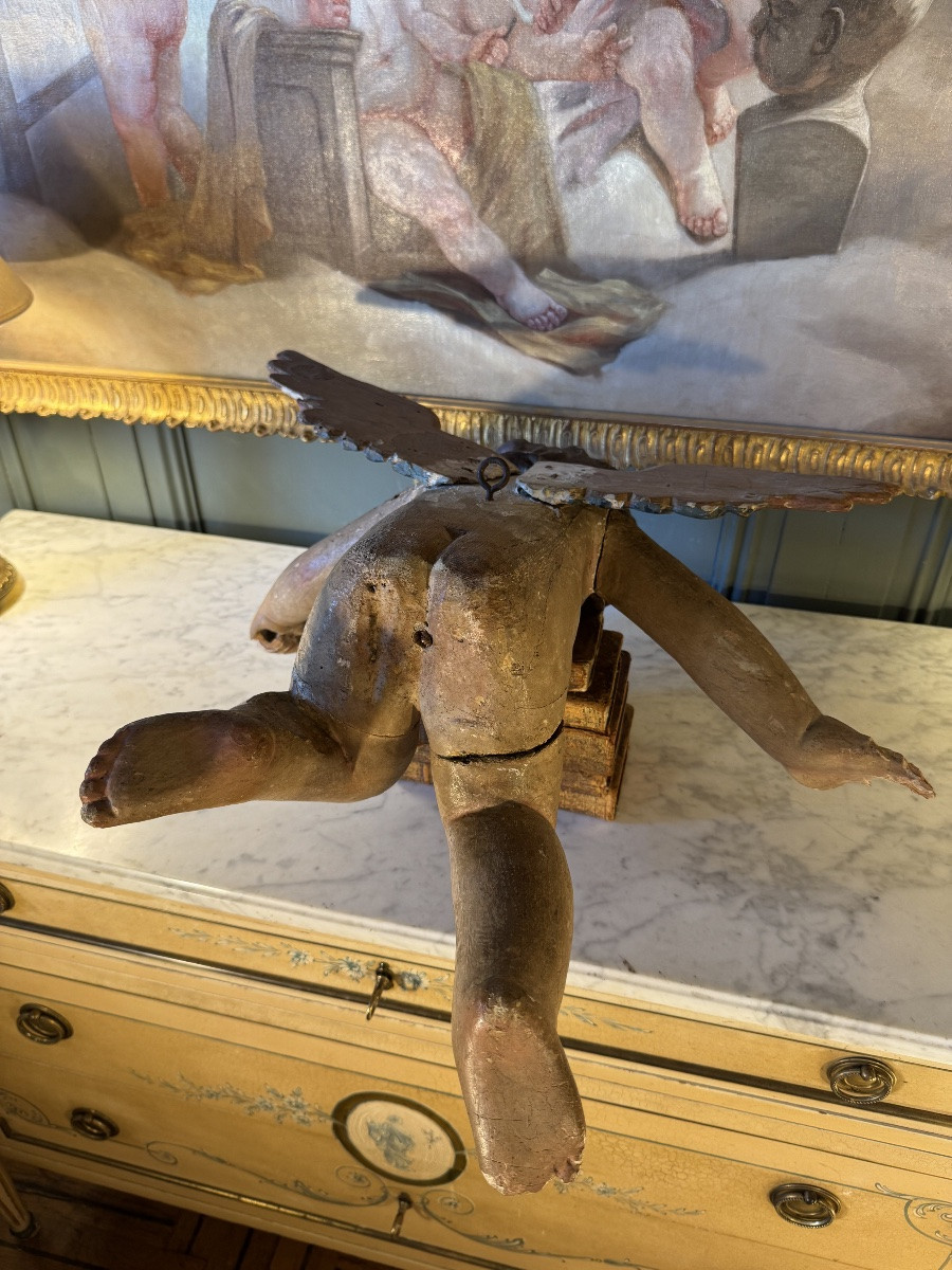 Grand Ange, Putto en bois sculpté polychrome XVIIIème-photo-6