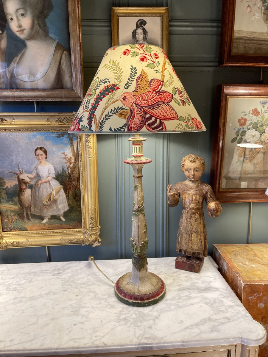 Large Polychrome Painted Wooden Lamp, Height 74.5 Cm-photo-2