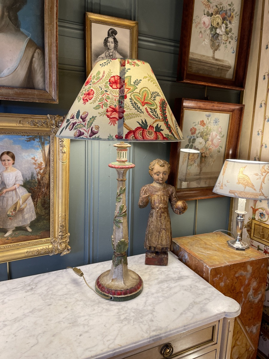 Large Polychrome Painted Wooden Lamp, Height 74.5 Cm-photo-3