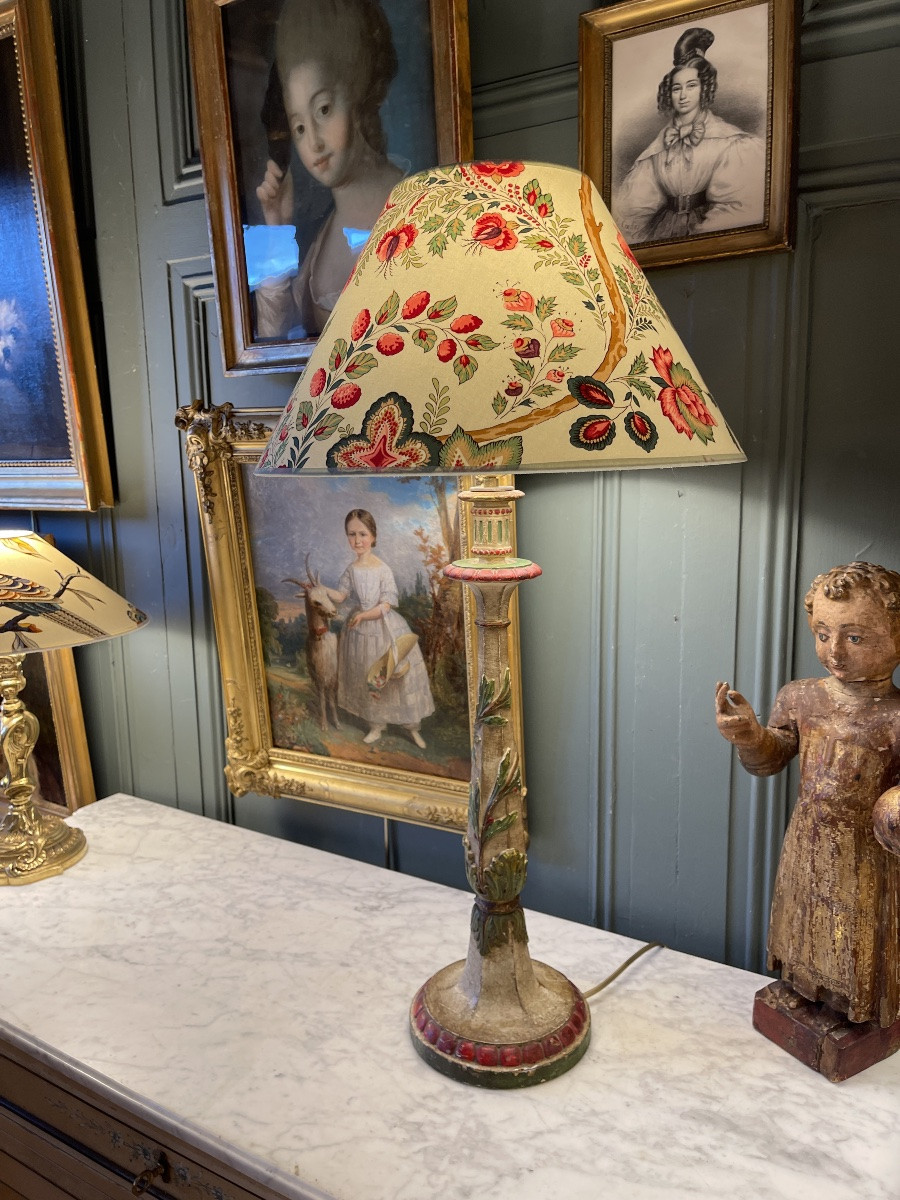 Large Polychrome Painted Wooden Lamp, Height 74.5 Cm-photo-4