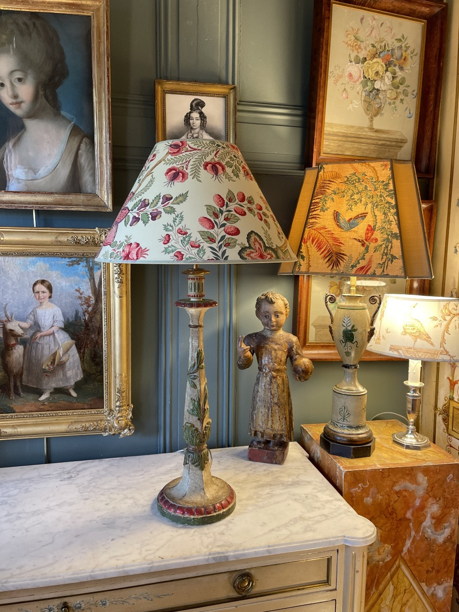 Large Polychrome Painted Wooden Lamp, Height 74.5 Cm-photo-1