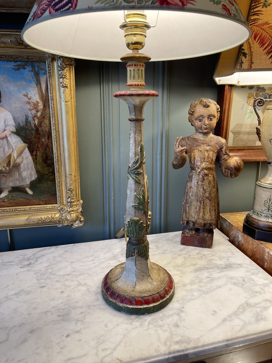Large Polychrome Painted Wooden Lamp, Height 74.5 Cm-photo-2