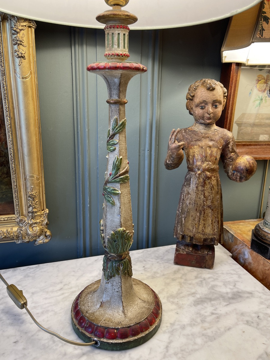 Large Polychrome Painted Wooden Lamp, Height 74.5 Cm-photo-3