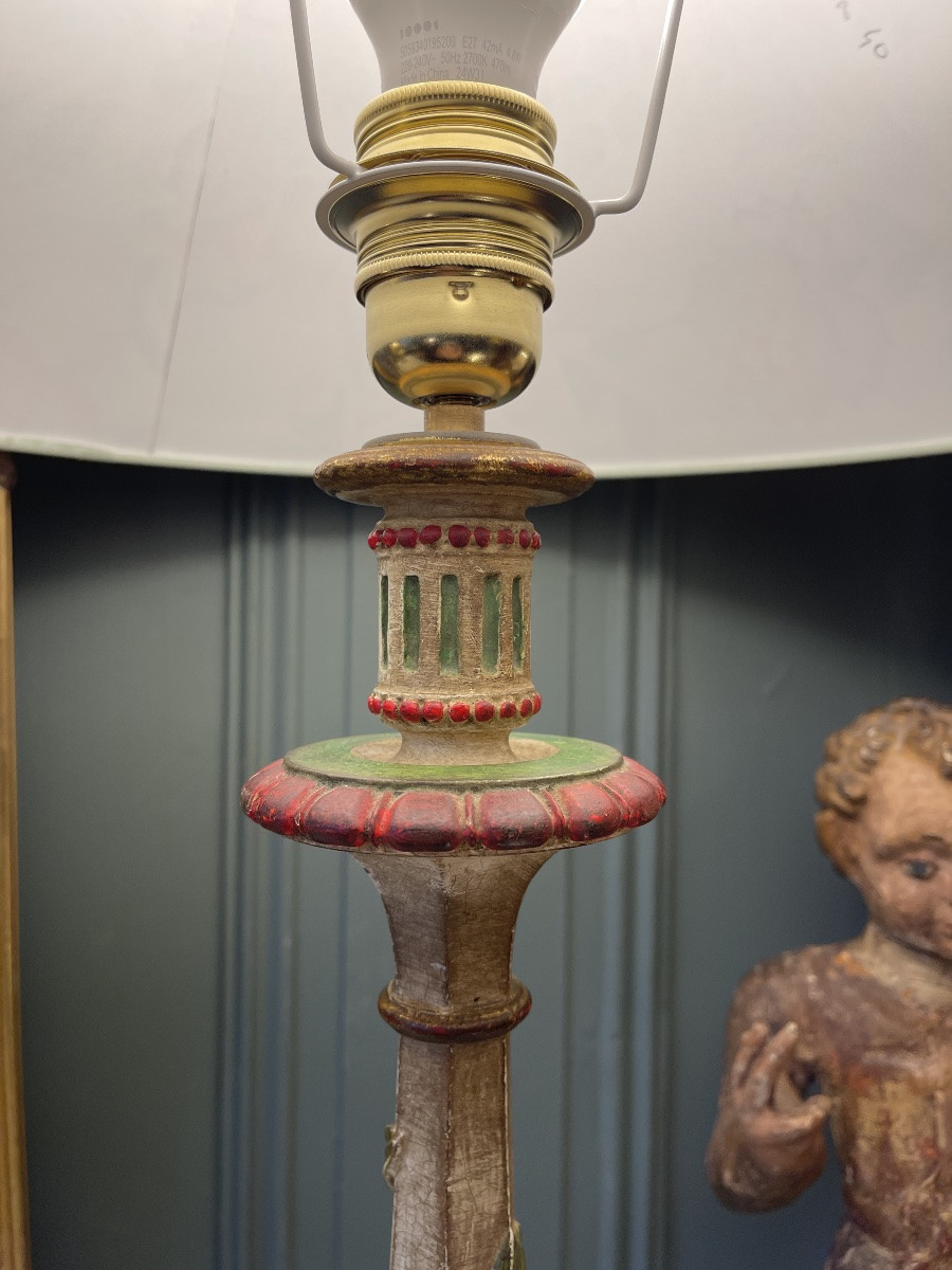 Large Polychrome Painted Wooden Lamp, Height 74.5 Cm-photo-4