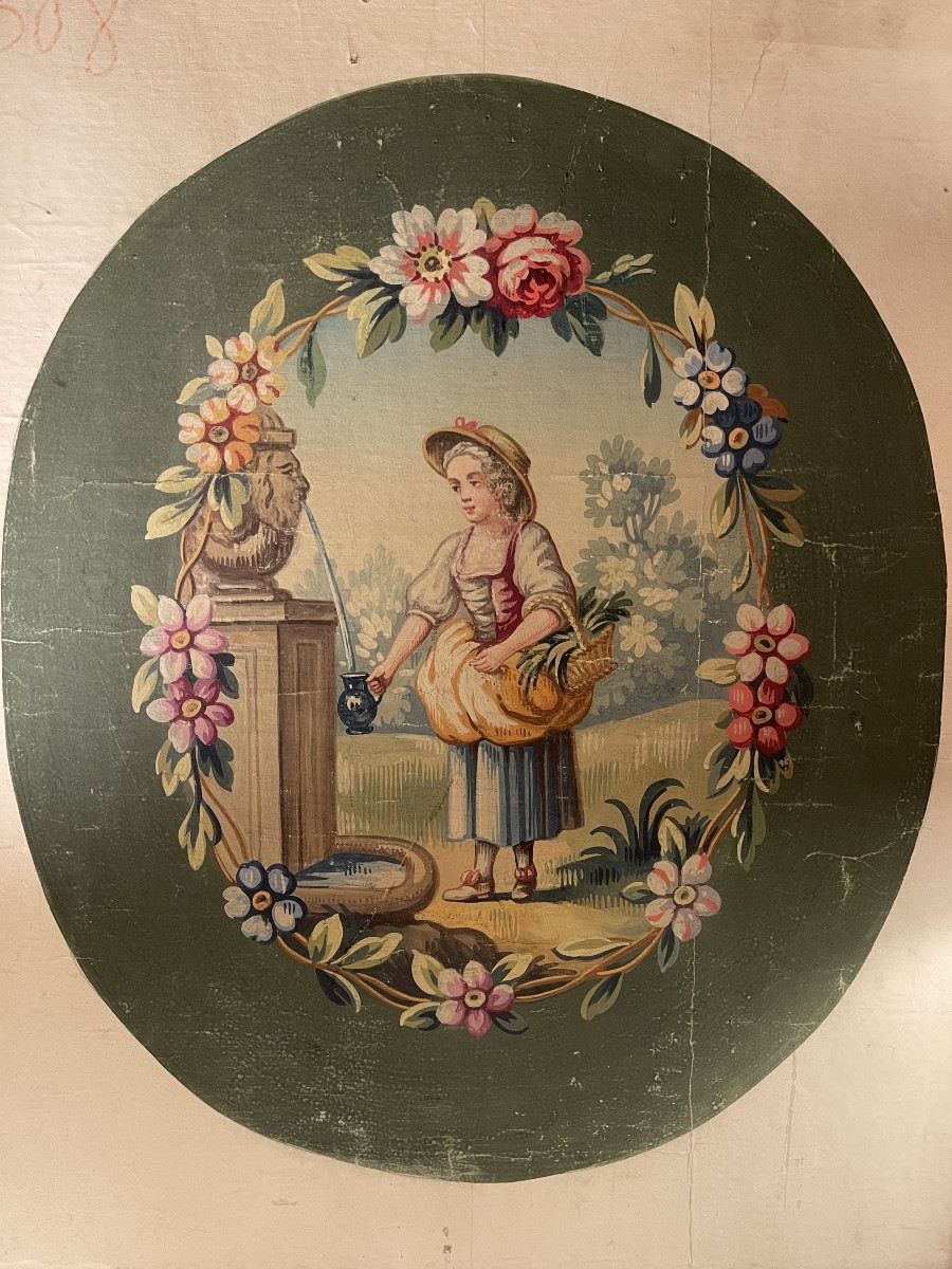 At The Fountain, Aubusson Cardboard, 19th Century-photo-2
