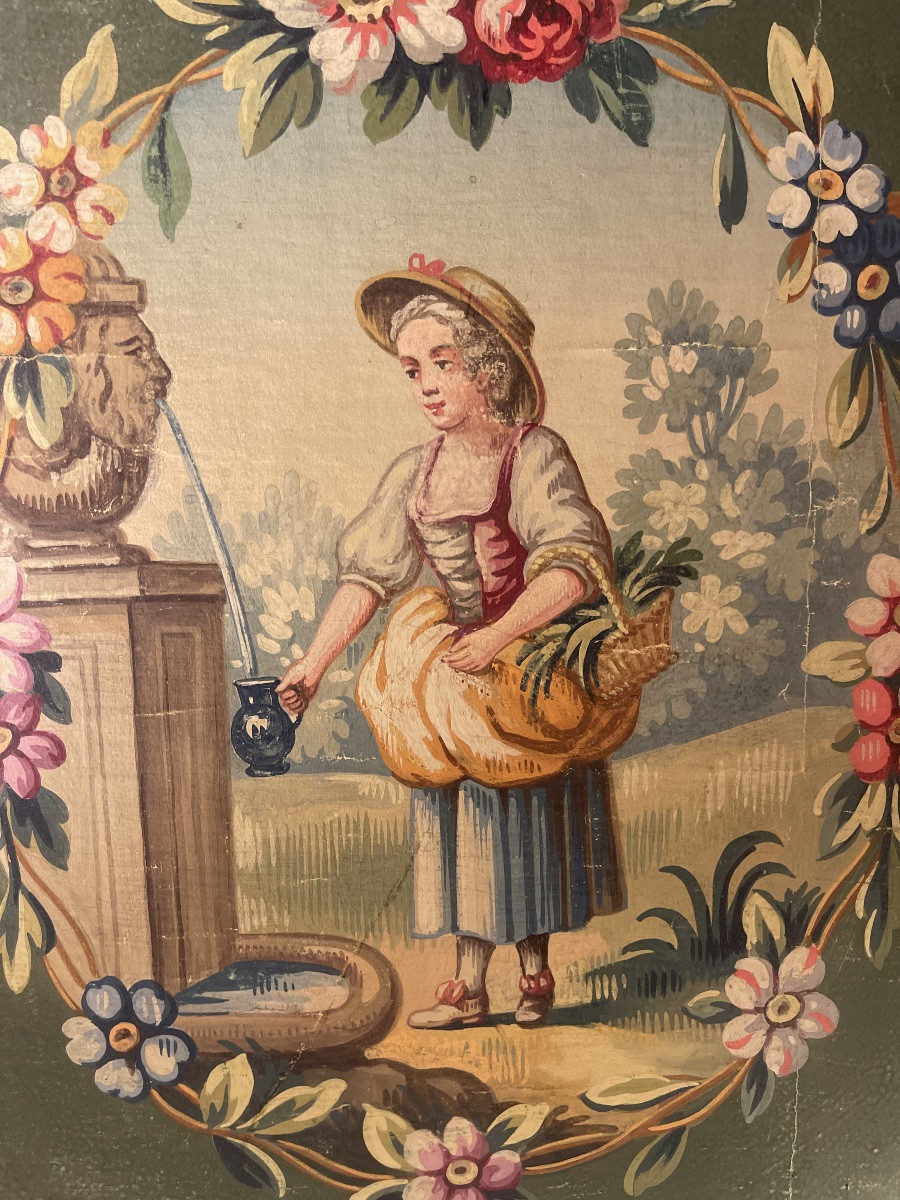 At The Fountain, Aubusson Cardboard, 19th Century-photo-3