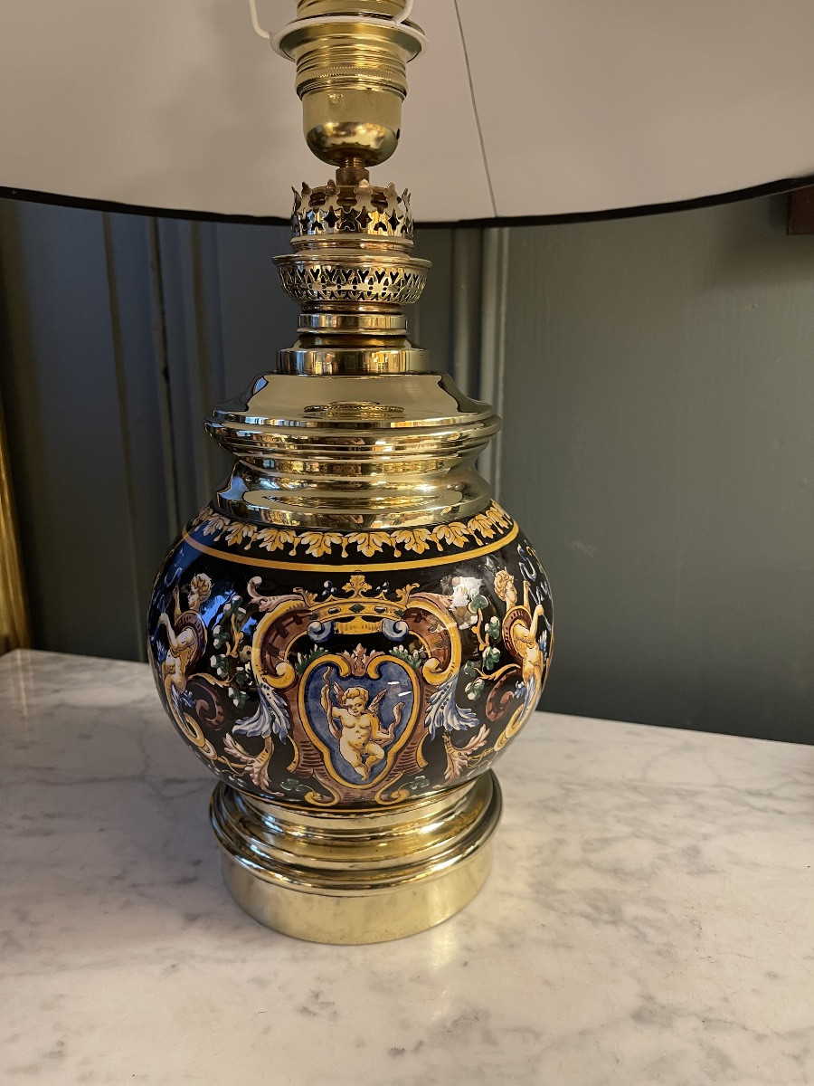 Lampe en faïence de Gien décor Renaissance, Hauteur 44 cm-photo-1