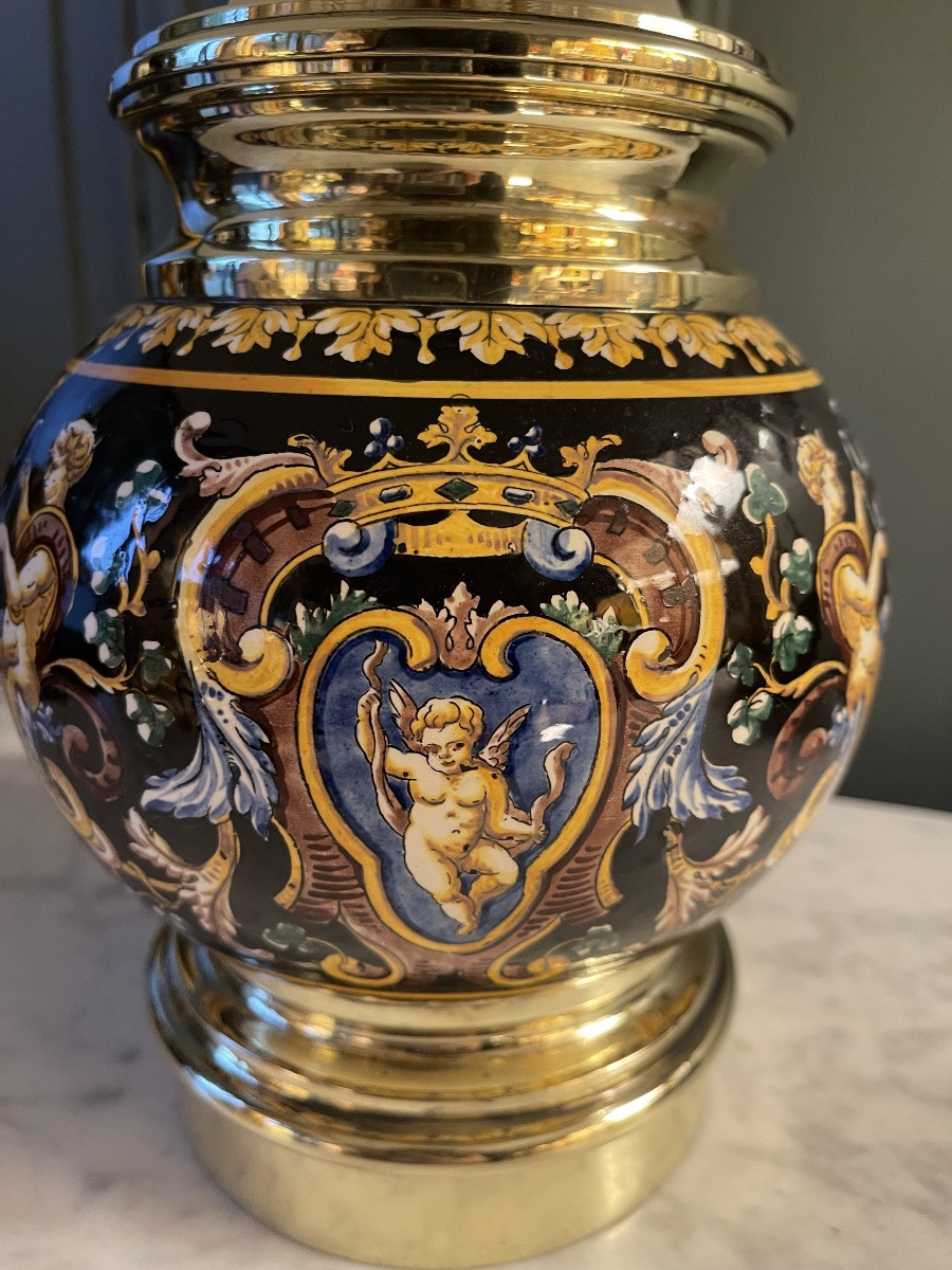 Lampe en faïence de Gien décor Renaissance, Hauteur 44 cm-photo-2