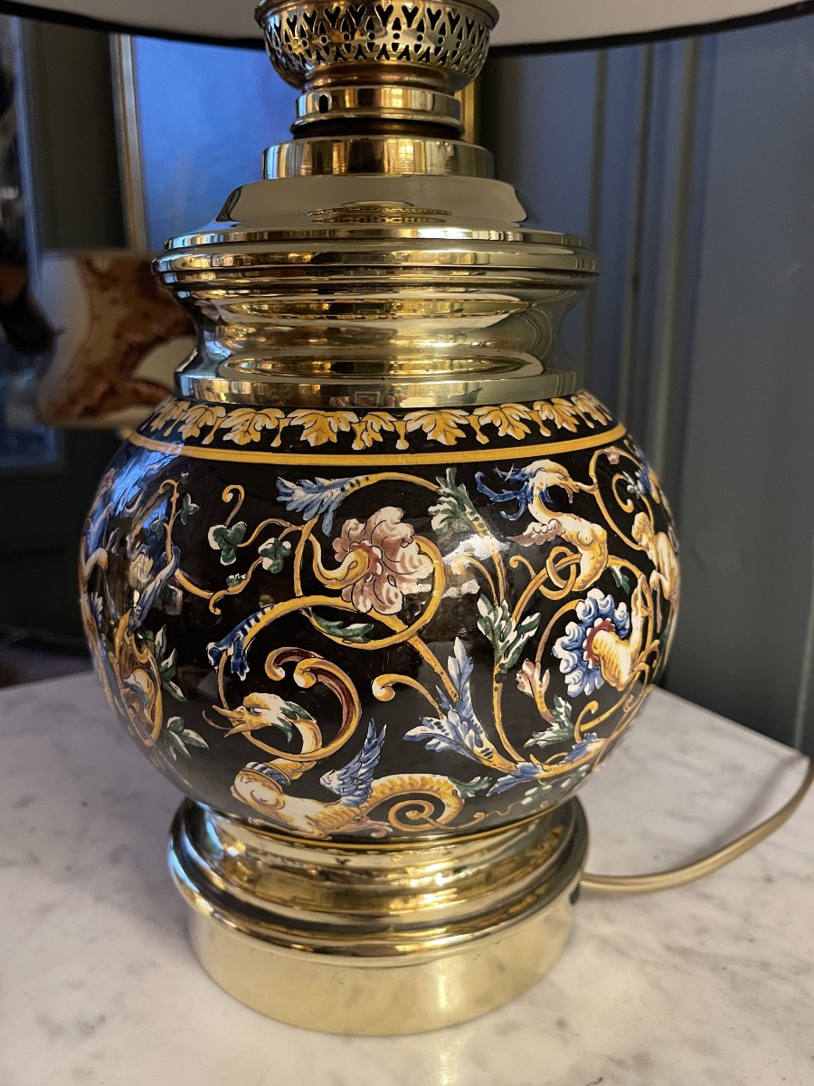 Lampe en faïence de Gien décor Renaissance, Hauteur 44 cm-photo-3