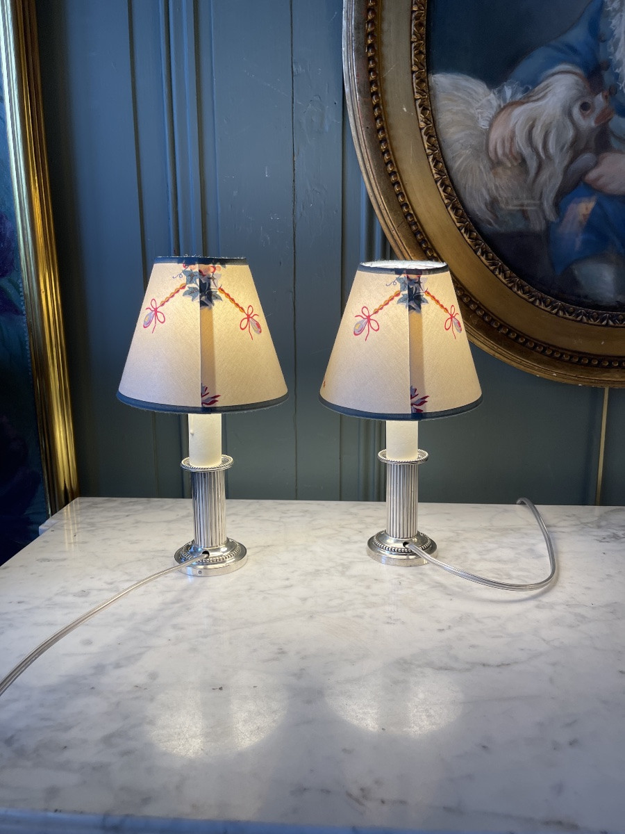 Pair Of Small Silver-plated Metal Lamps, 26 Cm High-photo-4