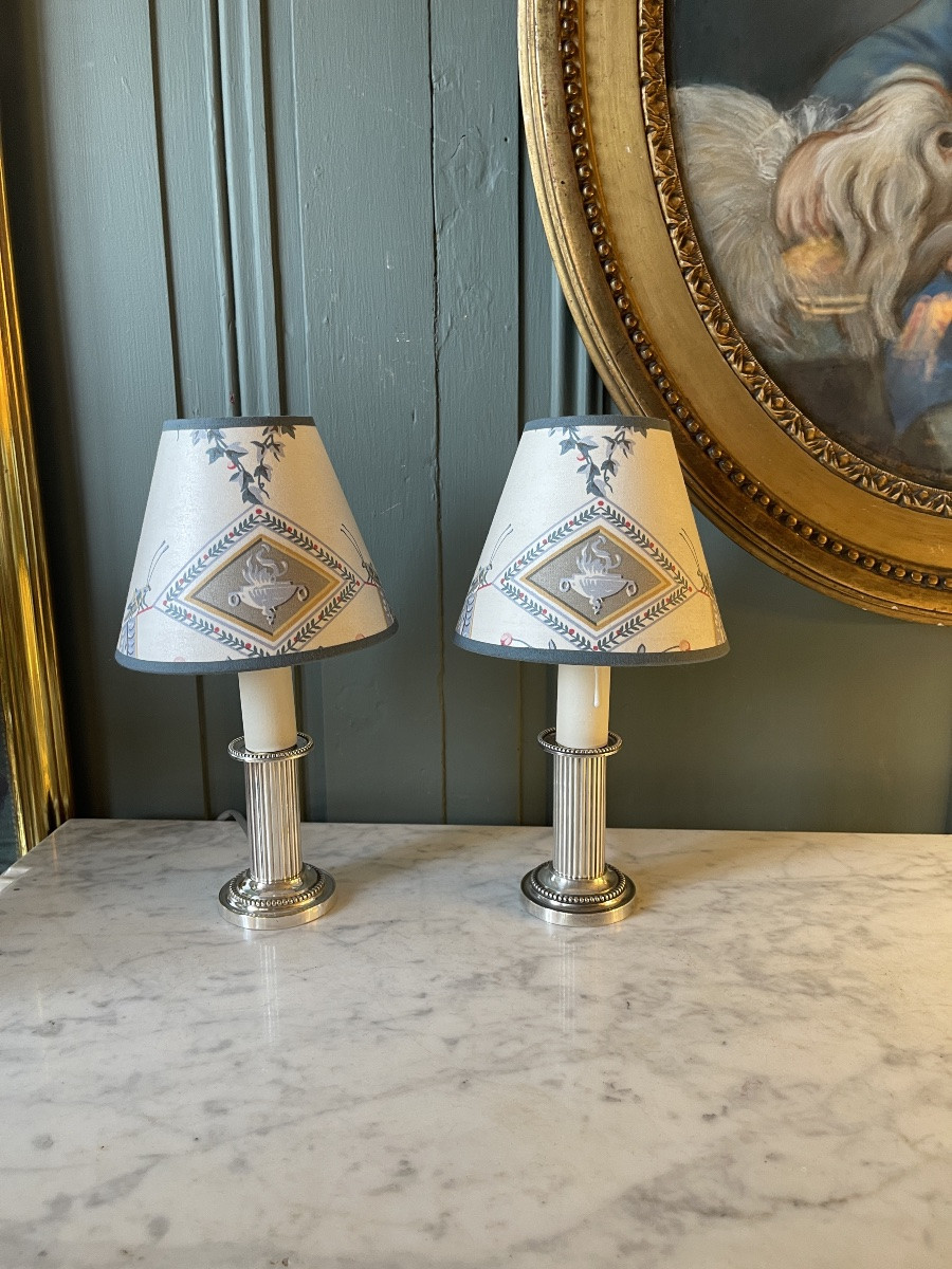 Pair Of Small Silver-plated Metal Lamps, 26 Cm High-photo-1