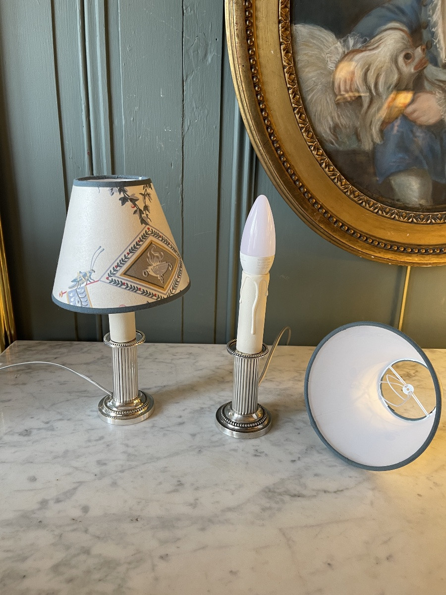 Pair Of Small Silver-plated Metal Lamps, 26 Cm High-photo-4