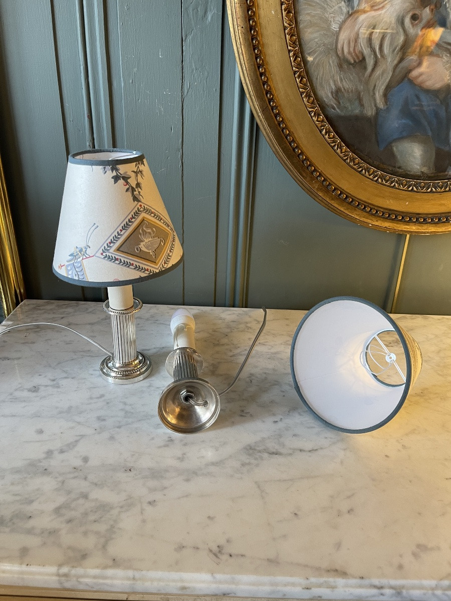 Pair Of Small Silver-plated Metal Lamps, 26 Cm High-photo-5