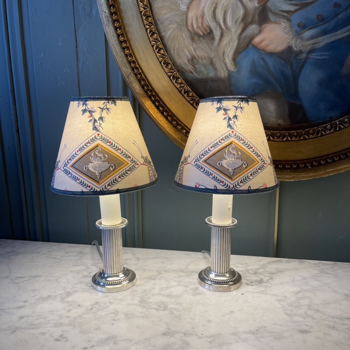 Pair Of Small Silver-plated Metal Lamps, 26 Cm High