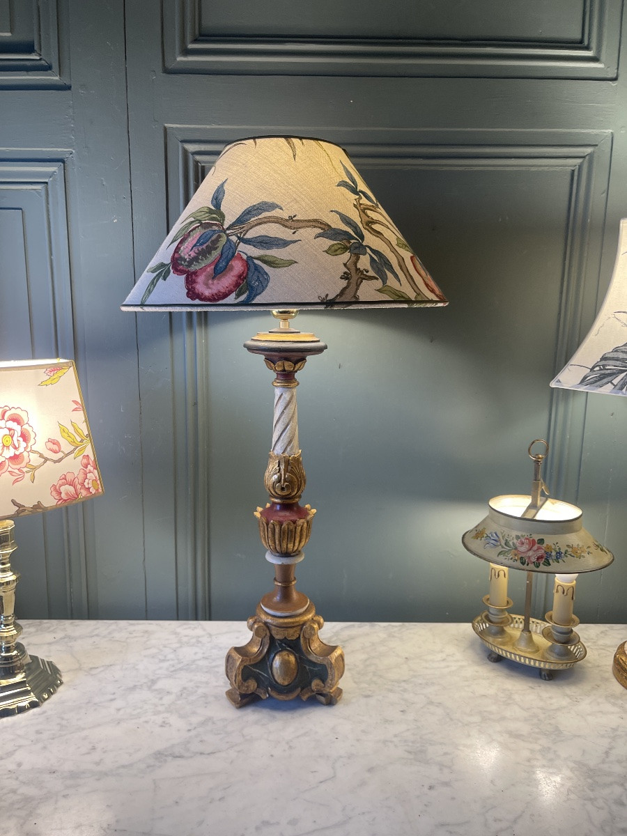 Grande lampe en bois peint polychrome, Hauteur 72 cm-photo-3