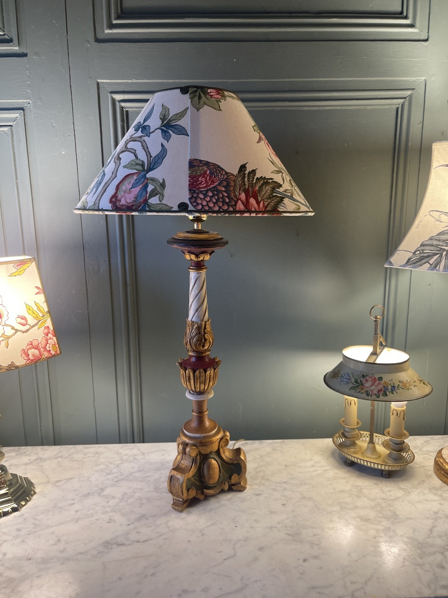 Grande lampe en bois peint polychrome, Hauteur 72 cm-photo-1