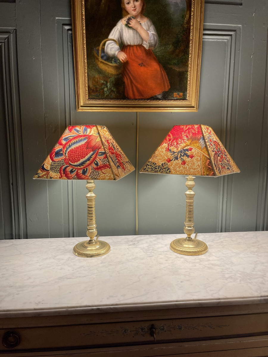 Paire de lampes en bronze doré XIXème, Hauteur 41 cm-photo-3