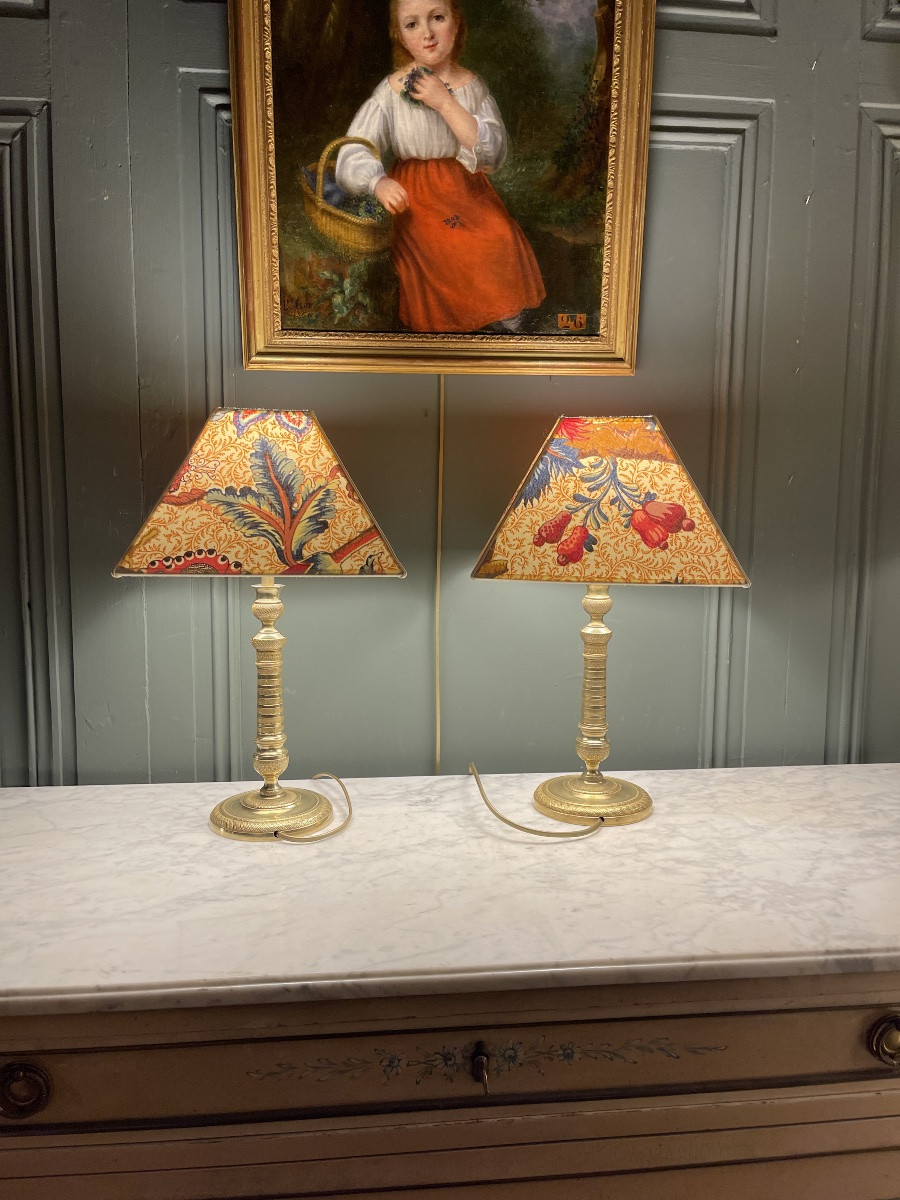 Paire de lampes en bronze doré XIXème, Hauteur 41 cm-photo-1
