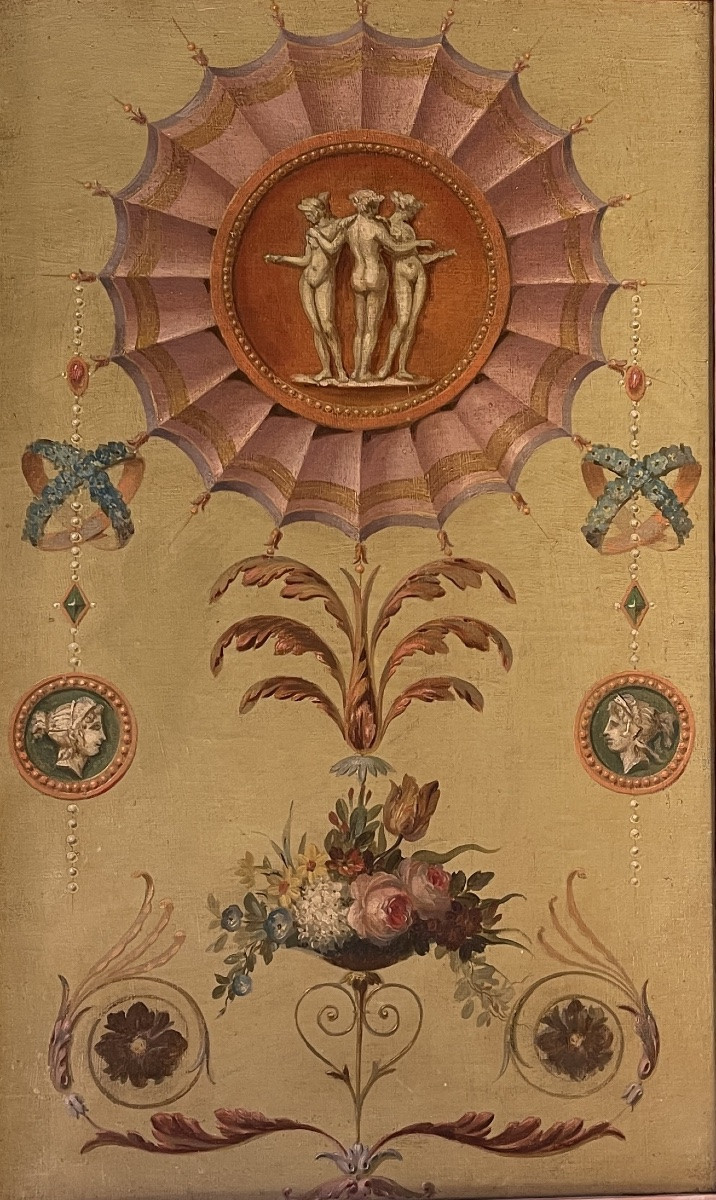 Panneau décoratif de style Louis XVI, huile sur toile XIXème-photo-2