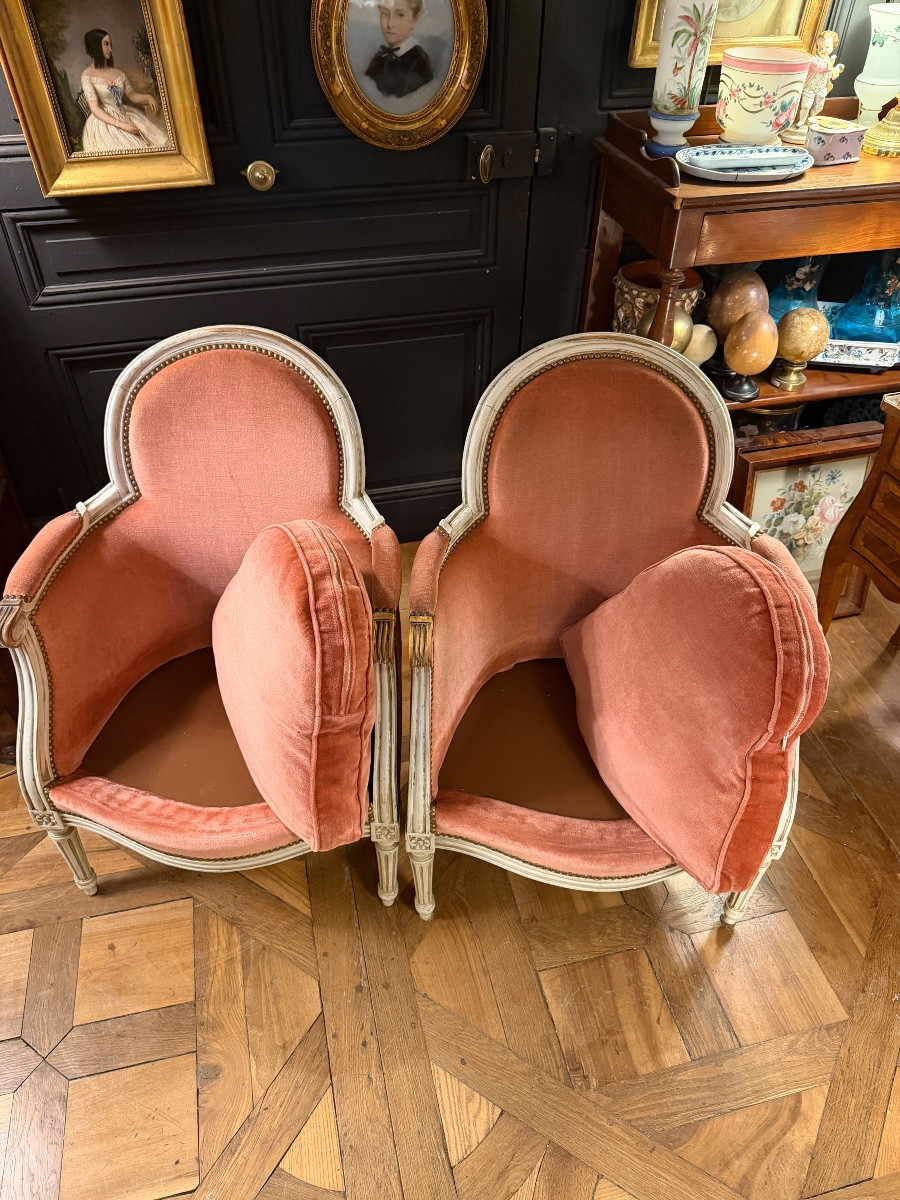 Paire de bergères en bois peint -photo-4