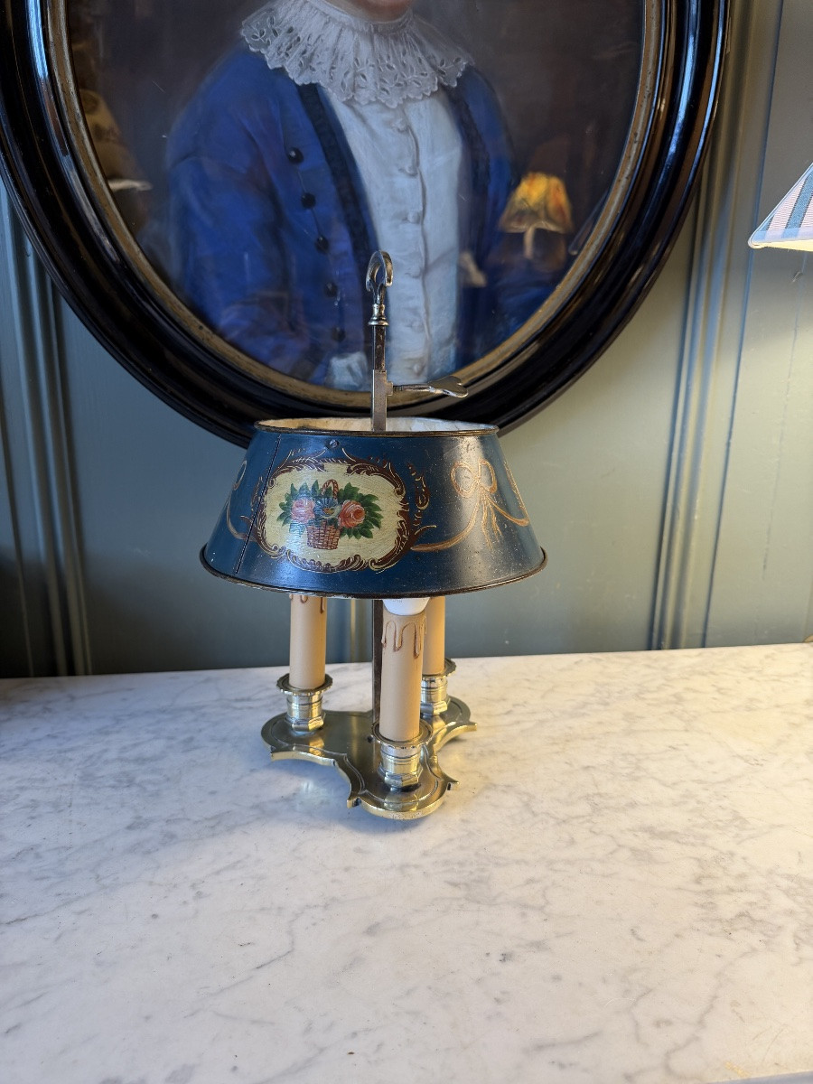 Painted Sheet Metal Bouillotte Lamp With Floral Decoration, Height 36 Cm-photo-2