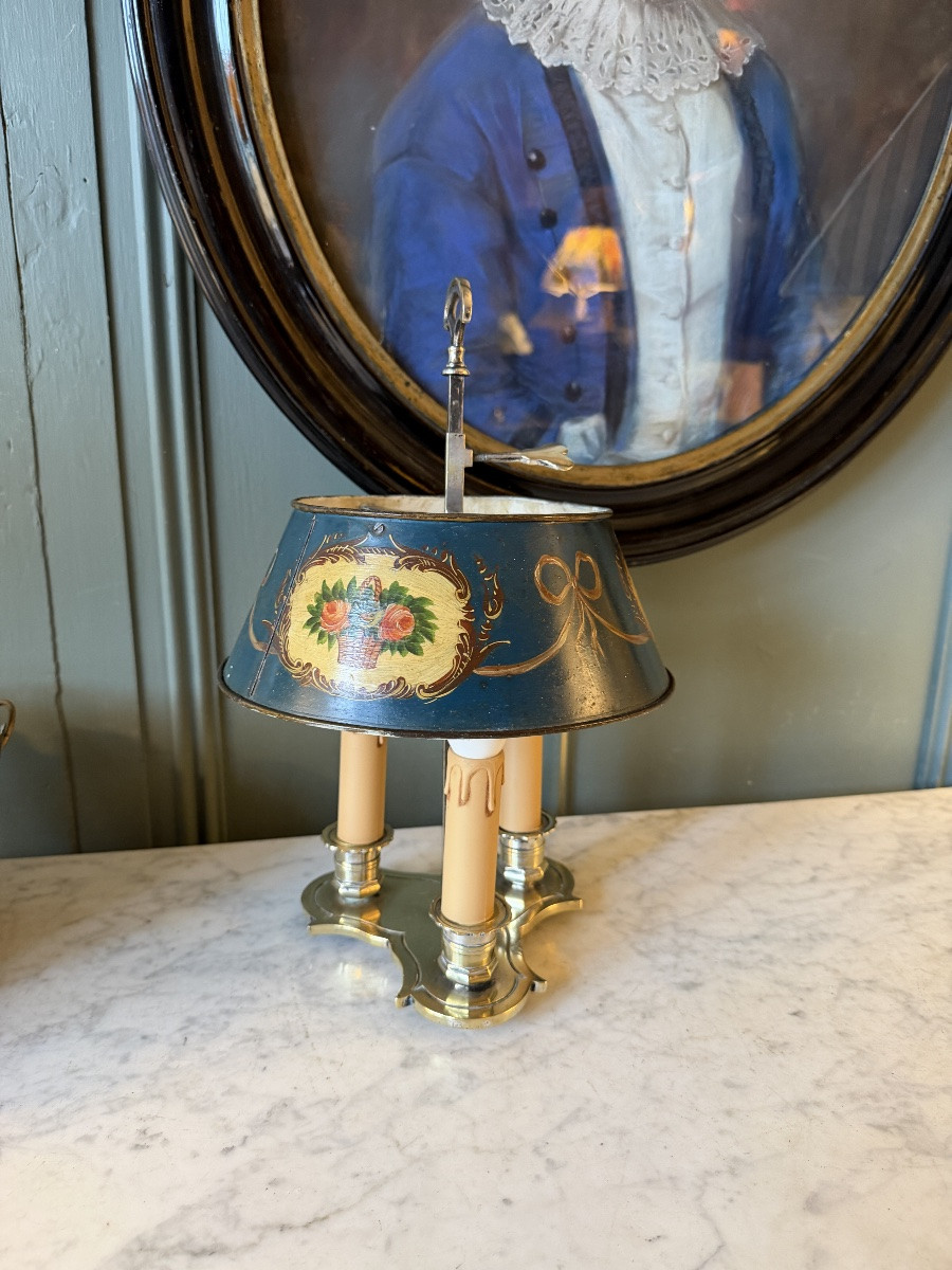 Painted Sheet Metal Bouillotte Lamp With Floral Decoration, Height 36 Cm-photo-3