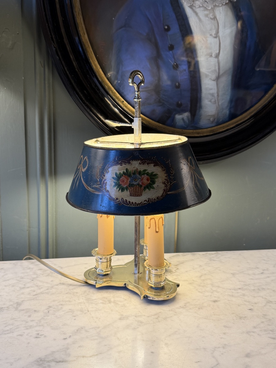 Painted Sheet Metal Bouillotte Lamp With Floral Decoration, Height 36 Cm-photo-1