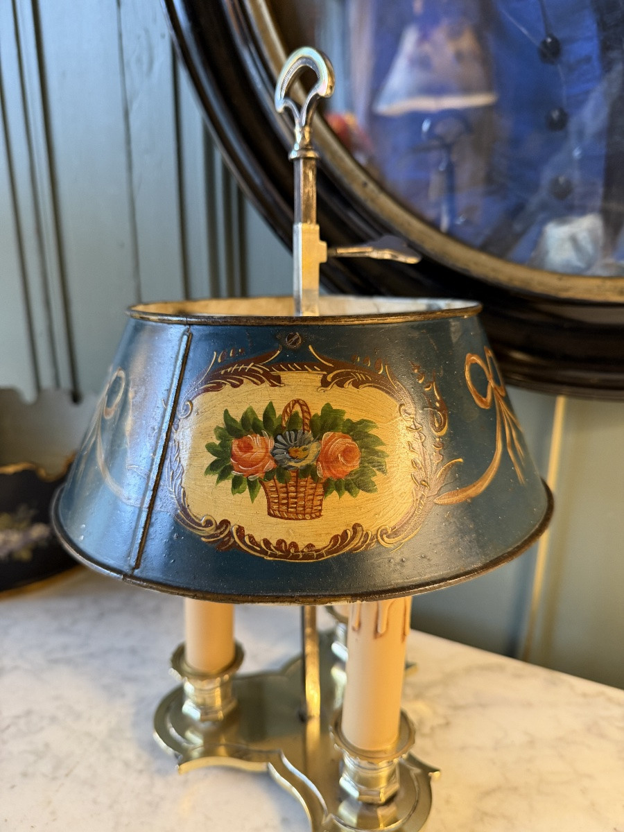Painted Sheet Metal Bouillotte Lamp With Floral Decoration, Height 36 Cm-photo-2