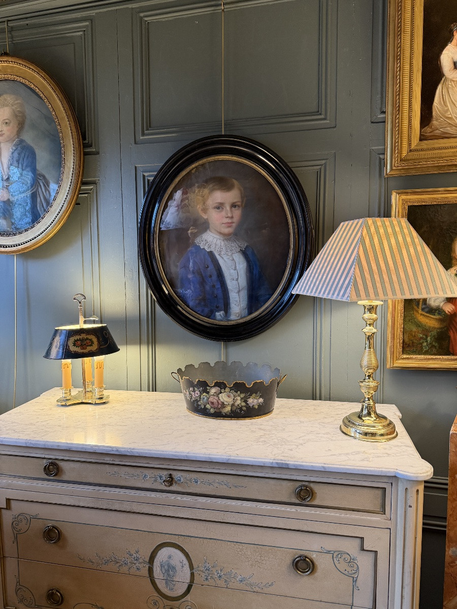 Painted Sheet Metal Bouillotte Lamp With Floral Decoration, Height 36 Cm-photo-6