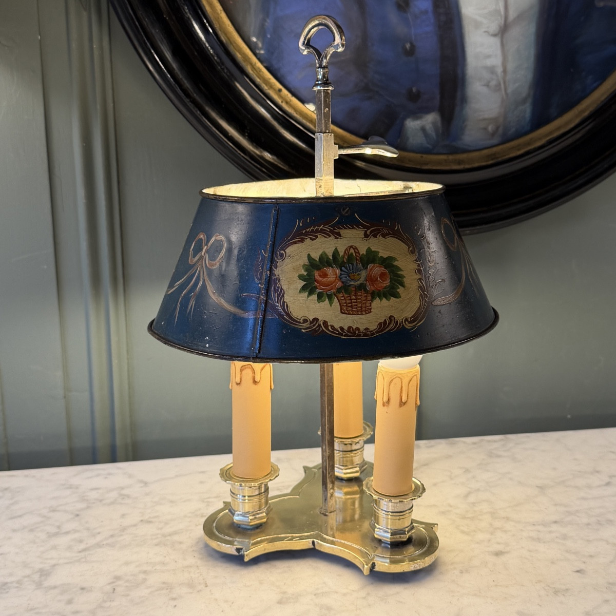 Painted Sheet Metal Bouillotte Lamp With Floral Decoration, Height 36 Cm