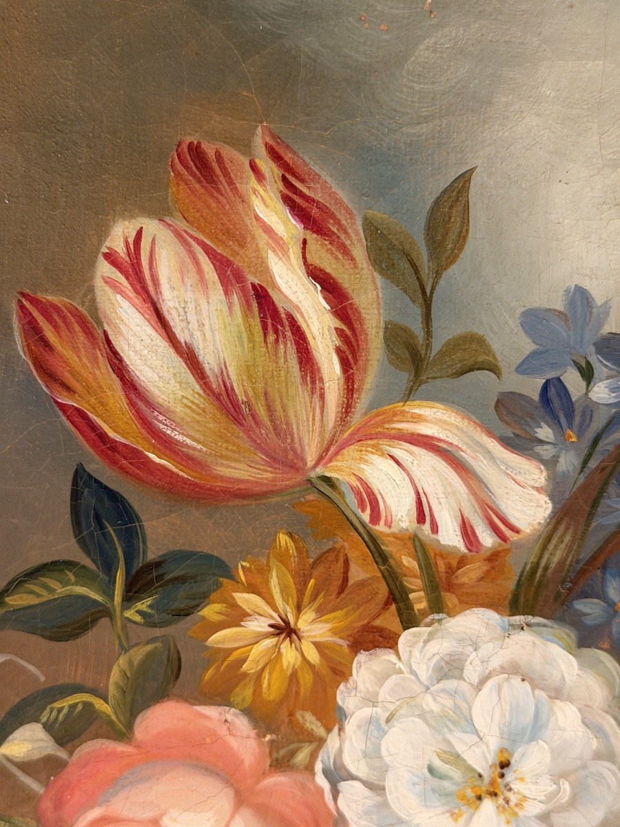 Bouquet Of Flowers, Oil On Canvas, 18th Century-photo-3