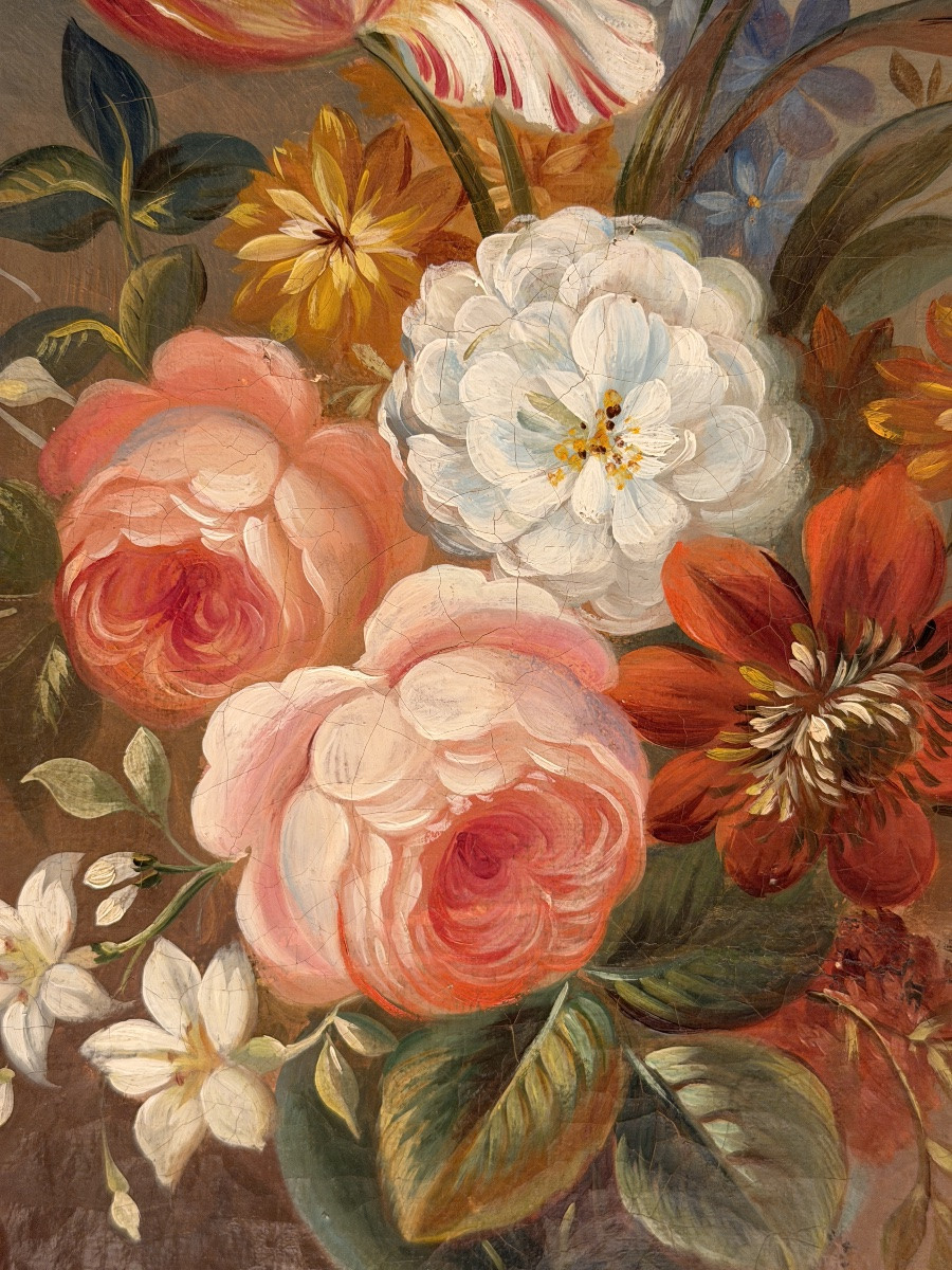 Bouquet Of Flowers, Oil On Canvas, 18th Century-photo-4