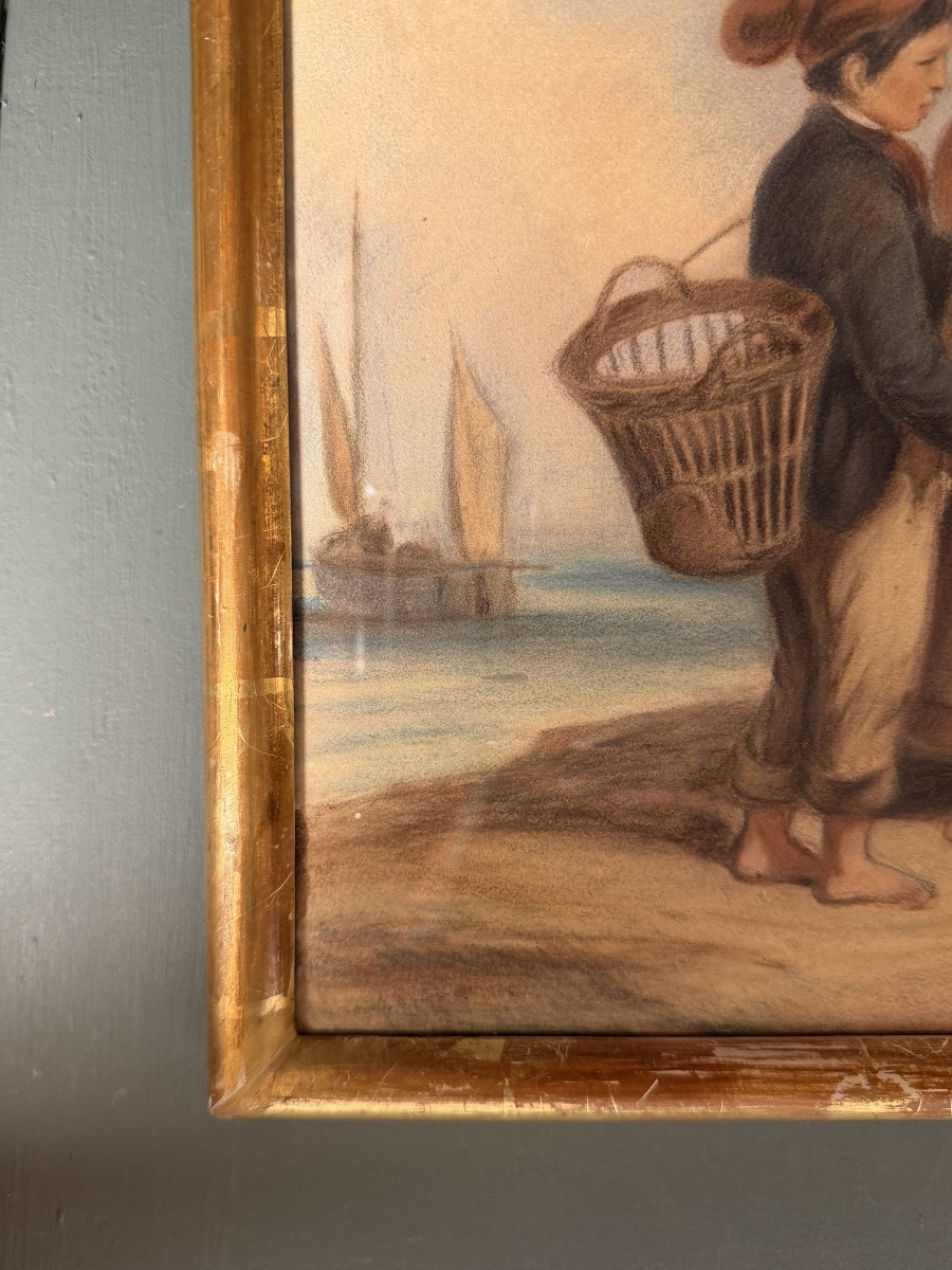 Retour de pêche, pastel XIXème-photo-2