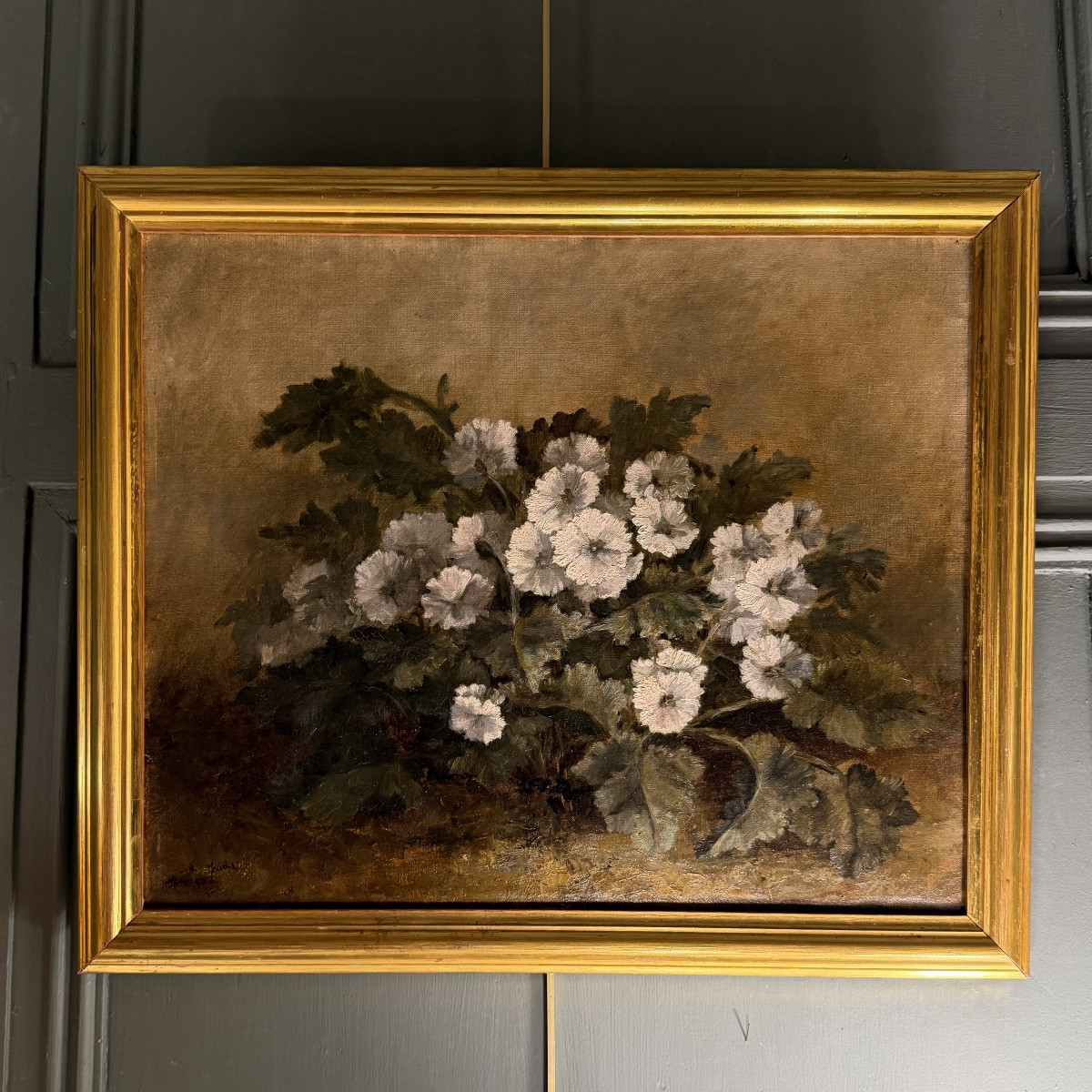 Jetée de fleurs, huile sur toile datée 1873