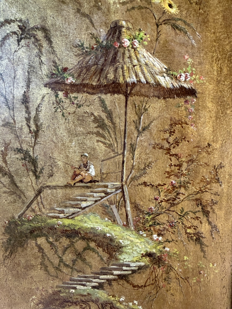 Chinoiserie: The Fisherman, Oil On Panel, 19th Century-photo-3