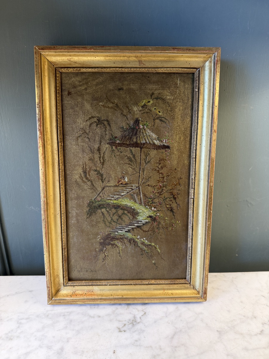 Chinoiserie: The Fisherman, Oil On Panel, 19th Century-photo-5