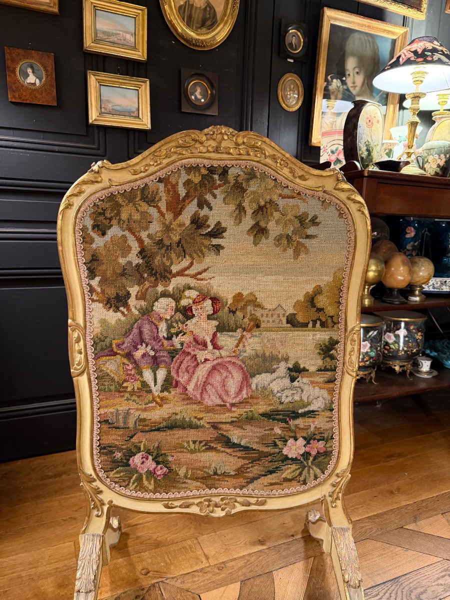 Ecran de cheminée en bois peint et doré-photo-2