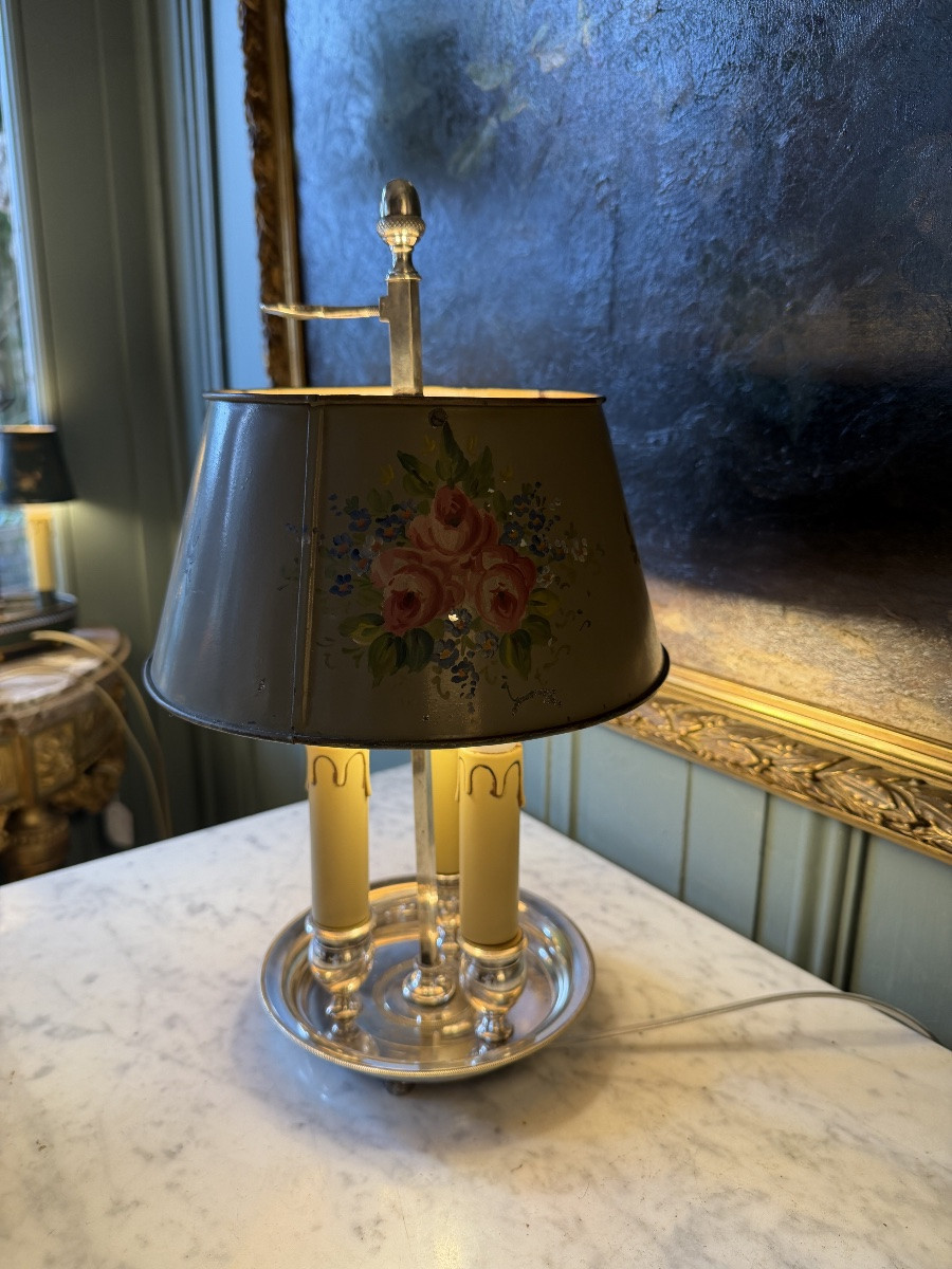 Painted Sheet Metal Bouillotte Lamp With Floral Decoration, Height 37.5 Cm-photo-2