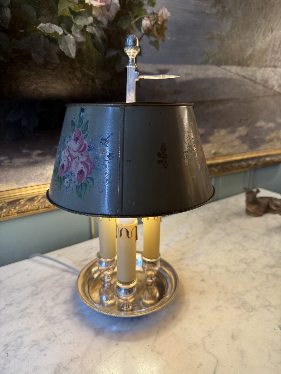 Painted Sheet Metal Bouillotte Lamp With Floral Decoration, Height 37.5 Cm-photo-4