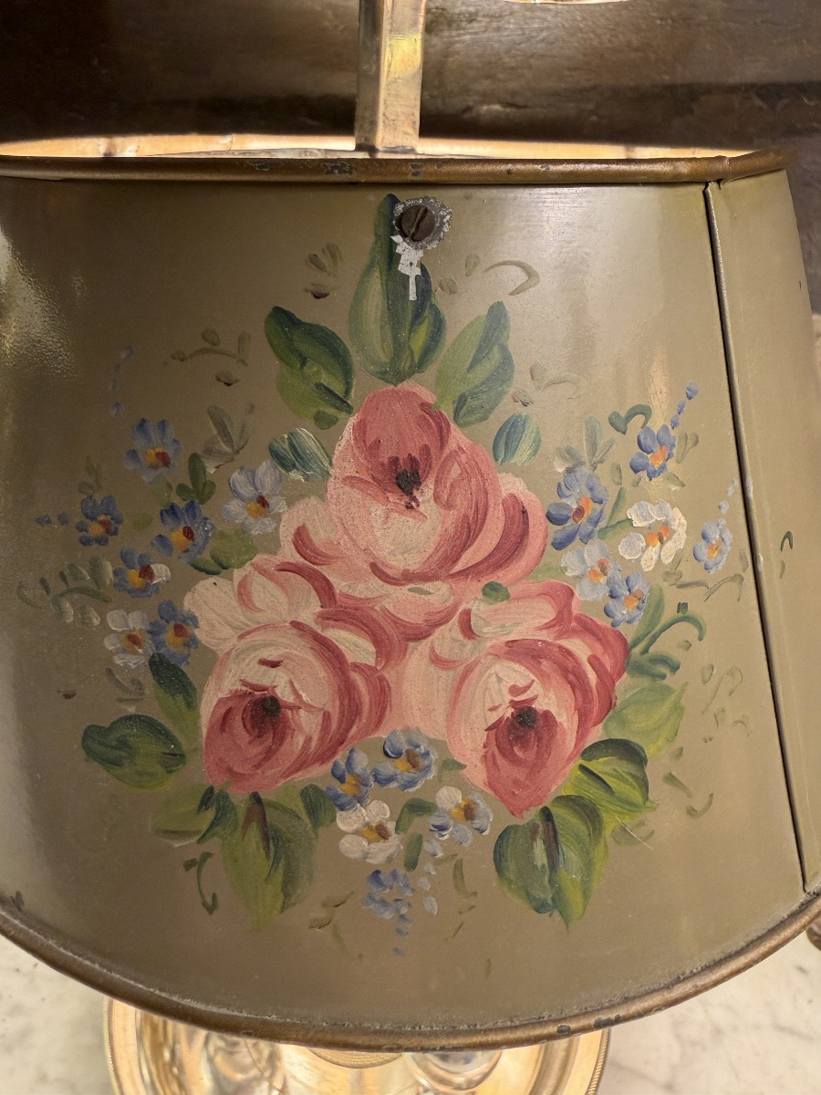 Painted Sheet Metal Bouillotte Lamp With Floral Decoration, Height 37.5 Cm-photo-2