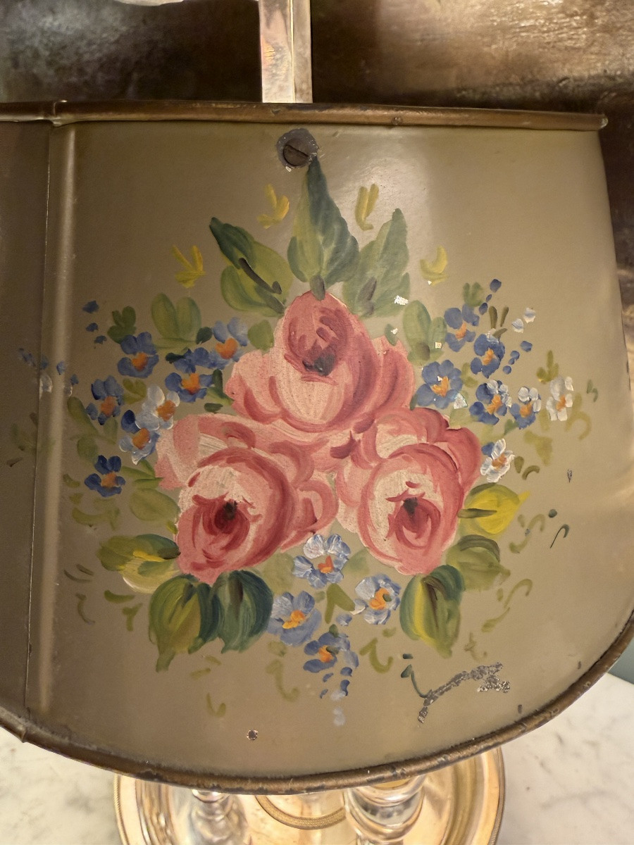 Painted Sheet Metal Bouillotte Lamp With Floral Decoration, Height 37.5 Cm-photo-3